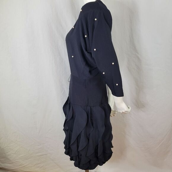 Betsy‎ & Adam Black Ruffle Skirt Faux Pearl Accent Sheath Dress Size 9/10 - Picture 4 of 9